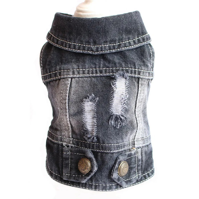 Pet Clothes for Small Medium Dogs Cool Dog Denim Jacket Puppy Sleeveless Dark Washed Jeans Costume Spring Lapel Pet Coat