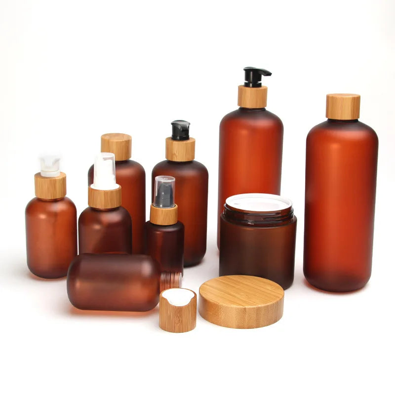 150G 250G Frosted Amber Pet Plastic Cosmetic Container Cream Jar With Bamboo Wooden Lids 8Oz Brown Face Cream Cosmetic Container