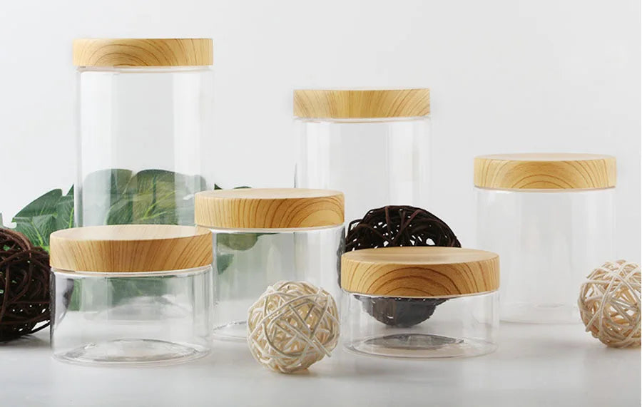12 x 200ml 300ml 400ml 500ml 800ml 1000ml Empty Clear PET Jars Containers with plastic imitation wood lids