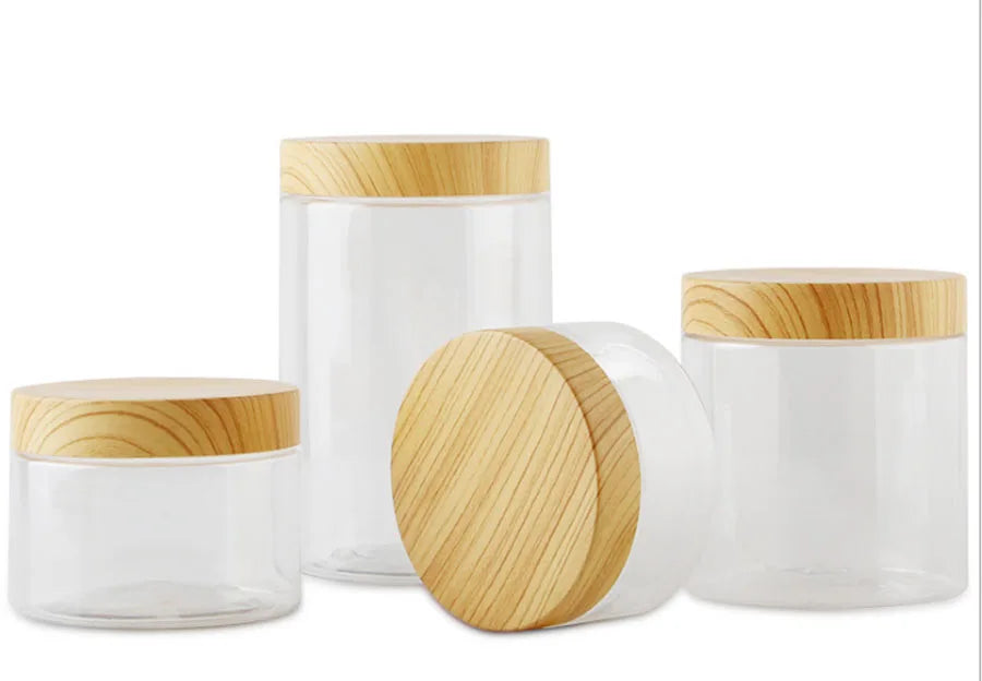 12 x 200ml 300ml 400ml 500ml 800ml 1000ml Empty Clear PET Jars Containers with plastic imitation wood lids