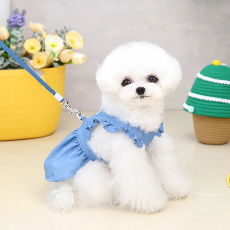 Thin Style Pet Dog Dress Letters Embroidered Jean Clothes for Small Dogs Puppy Cat Harness Vest Girl Dog Summer Skirts Yorkies