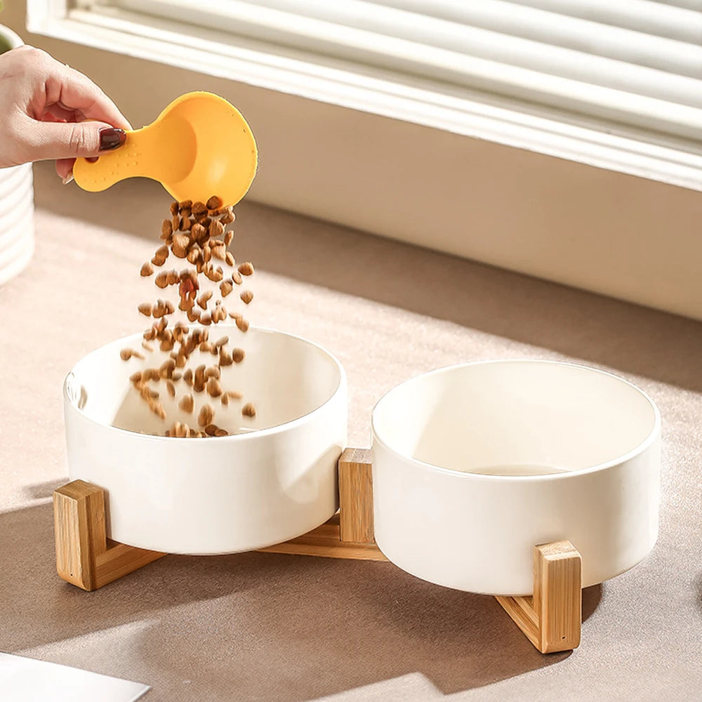 Voltsify Bamboo Double Ceramic Bowls Pet feeder with Wooden Stand