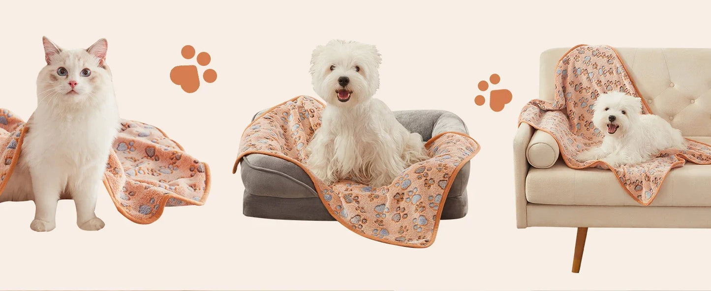 KEMORELA 3PCS Blankets Super Soft Fluffy Premium Fleece Pet Blanket Flannel Throw for Dog Puppy Cat Paw Brown Pink White