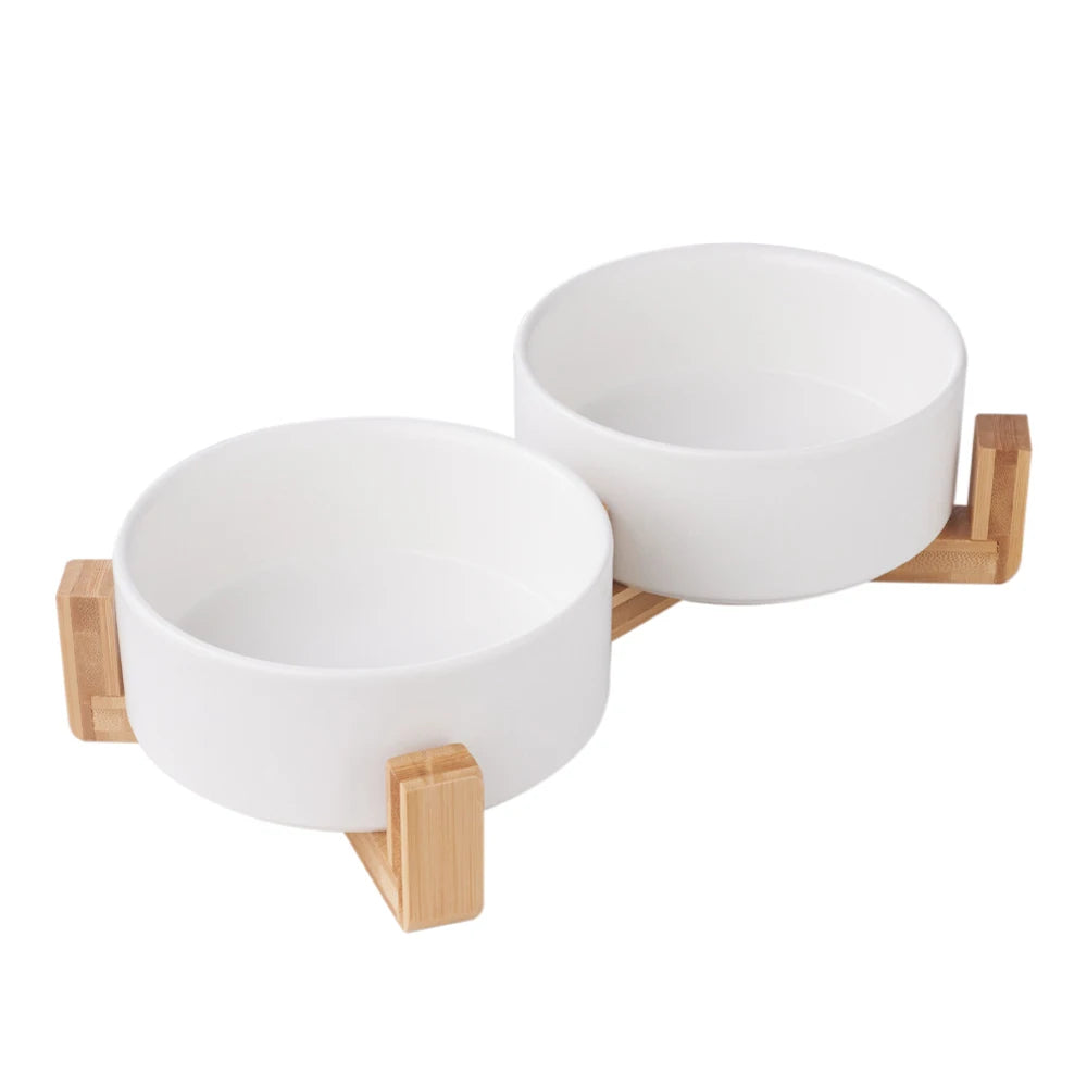 Voltsify Bamboo Double Ceramic Bowls Pet feeder with Wooden Stand