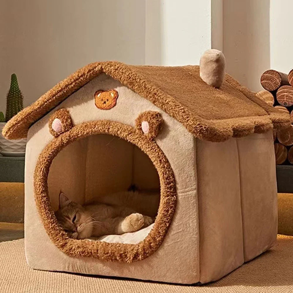 1PC Four Season Universal Enclosed Pet Bed,Brown Teddy Bear Style Bed Suitable for Small Medium Large Pets Ind