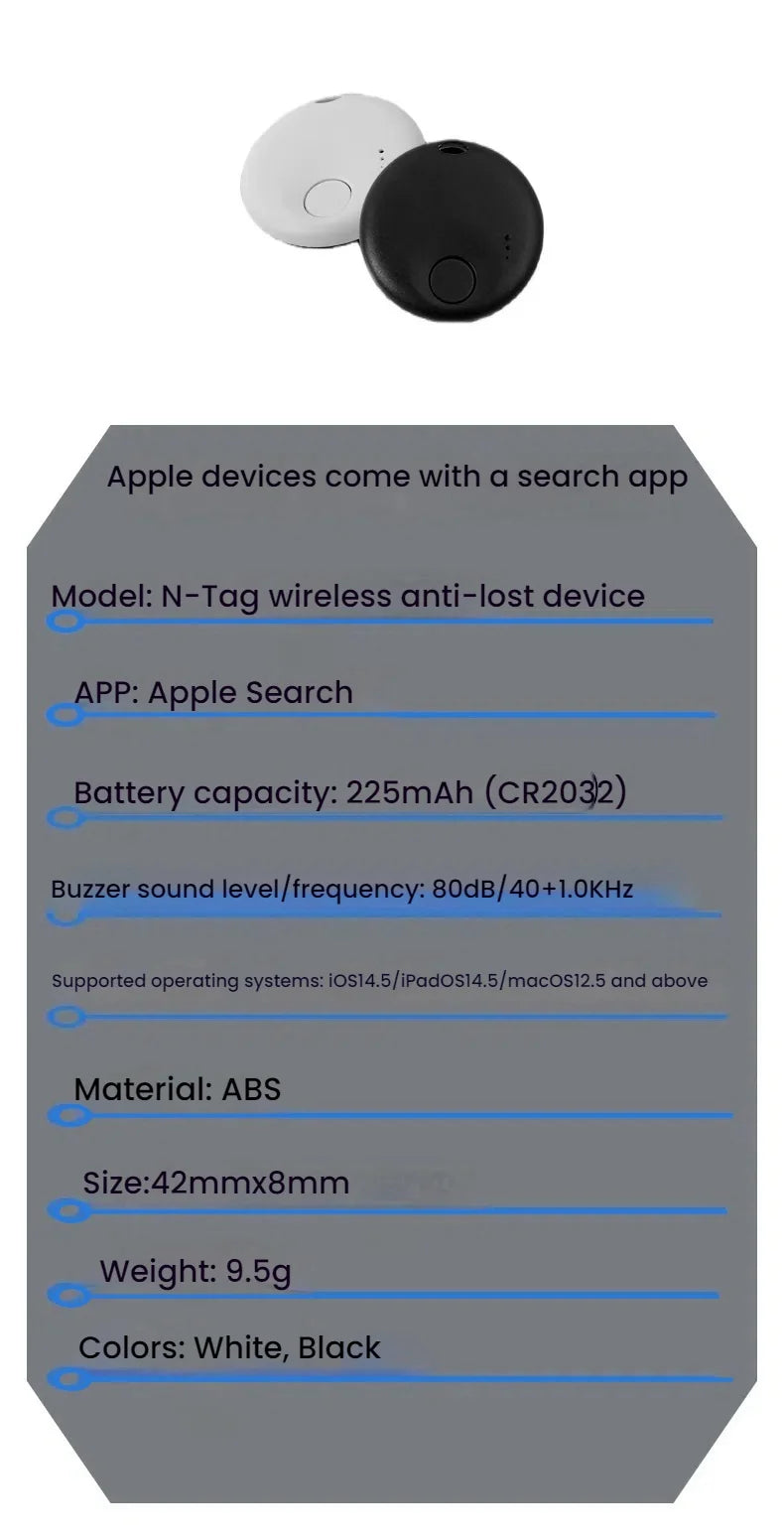 Smart Bluetooth GPS Tracker Tag Compatible with Apple Find My App for Pet Luggage Earbud Finder Wireless Tracking Device