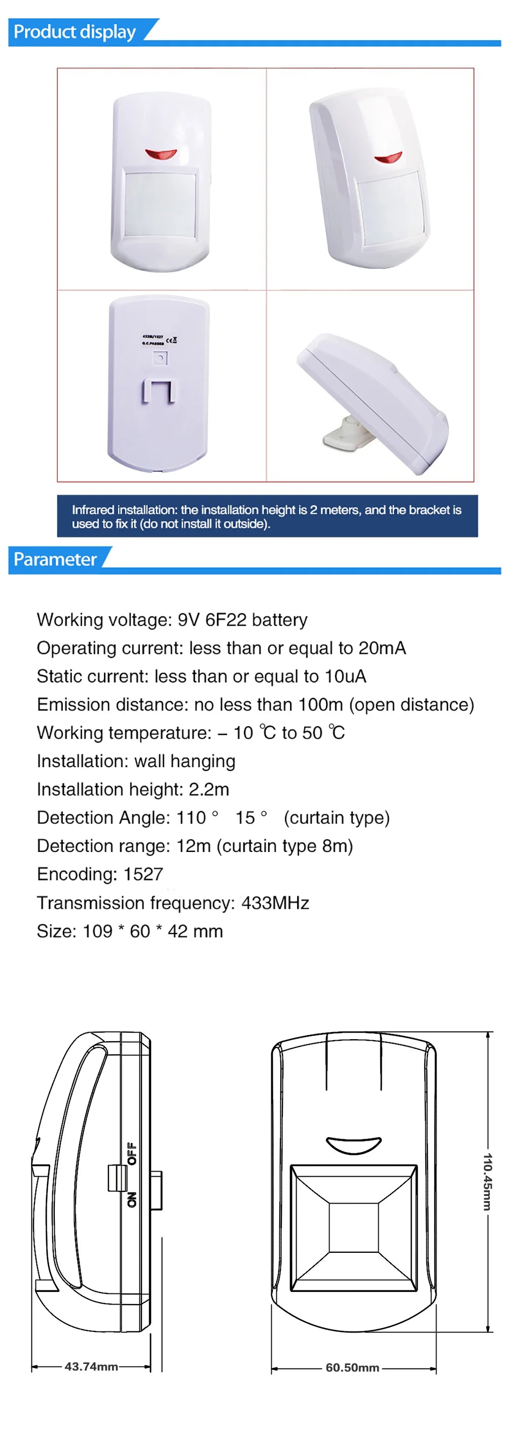PGST PA96R Pet Immune Motion Detector Infared Wireless PIR Sensor Compatible with RF 433MHz Alarm System Security