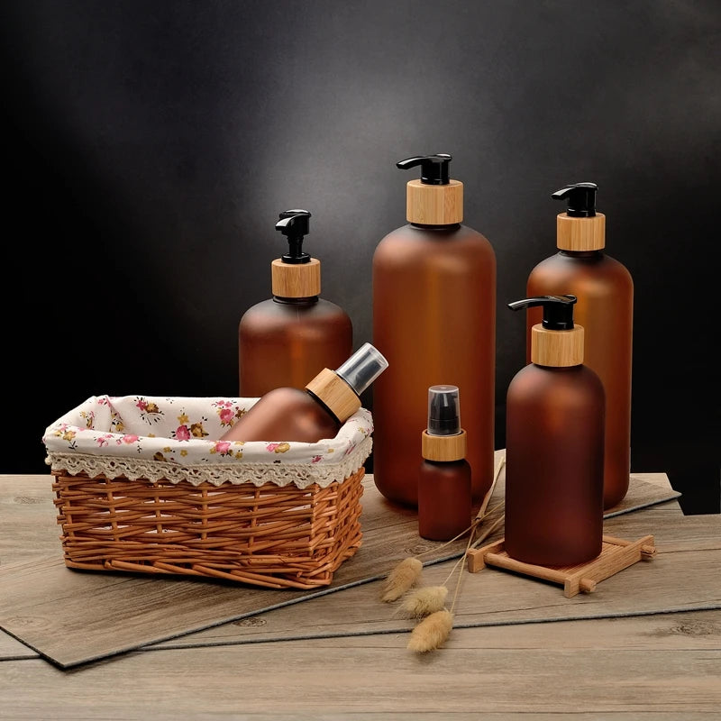 150G 250G Frosted Amber Pet Plastic Cosmetic Container Cream Jar With Bamboo Wooden Lids 8Oz Brown Face Cream Cosmetic Container