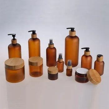 150G 250G Frosted Amber Pet Plastic Cosmetic Container Cream Jar With Bamboo Wooden Lids 8Oz Brown Face Cream Cosmetic Container