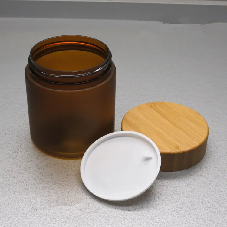 150G 250G Frosted Amber Pet Plastic Cosmetic Container Cream Jar With Bamboo Wooden Lids 8Oz Brown Face Cream Cosmetic Container