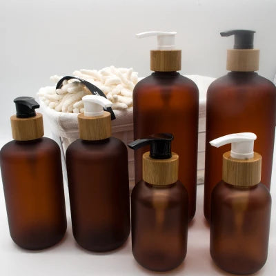 150G 250G Frosted Amber Pet Plastic Cosmetic Container Cream Jar With Bamboo Wooden Lids 8Oz Brown Face Cream Cosmetic Container