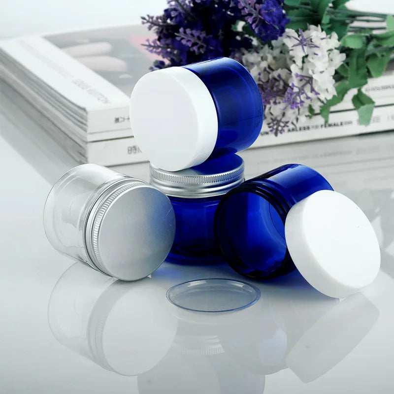 10pc/lot New 50g Grams PET Cosmetic Cream Jar Bottle With Aluminum Lid Empty Blue Jar Bottle Packing Box With A Wide Plastic Lid