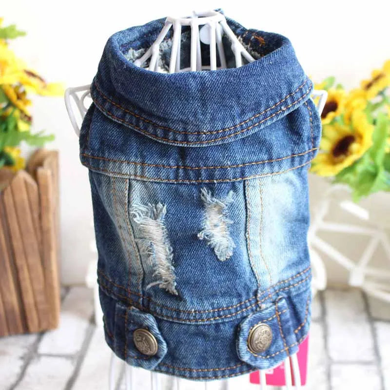 Pet Clothes for Small Medium Dogs Cool Dog Denim Jacket Puppy Sleeveless Dark Washed Jeans Costume Spring Lapel Pet Coat