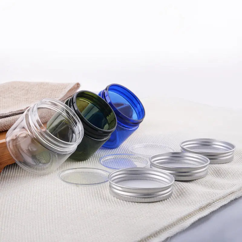10pc/lot New 50g Grams PET Cosmetic Cream Jar Bottle With Aluminum Lid Empty Blue Jar Bottle Packing Box With A Wide Plastic Lid