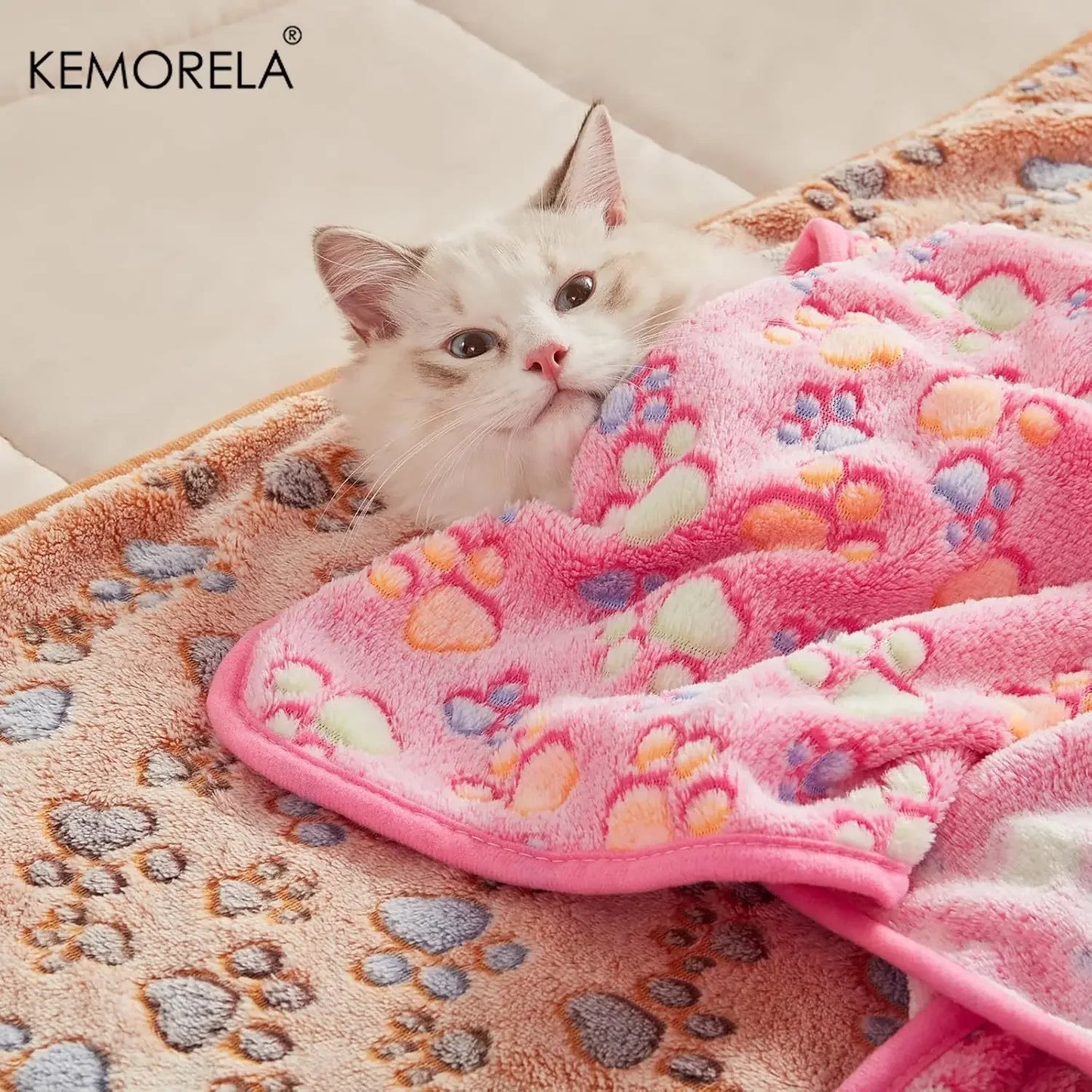 KEMORELA 3PCS Blankets Super Soft Fluffy Premium Fleece Pet Blanket Flannel Throw for Dog Puppy Cat Paw Brown Pink White