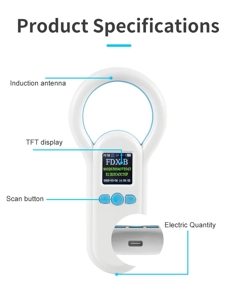 Handheld 134.2KHz 125kHz Animal RFID Reader Pet Cat Dog Microchip Scanner FDX-B Glass Chip USB/Bluetooth Tag Reader