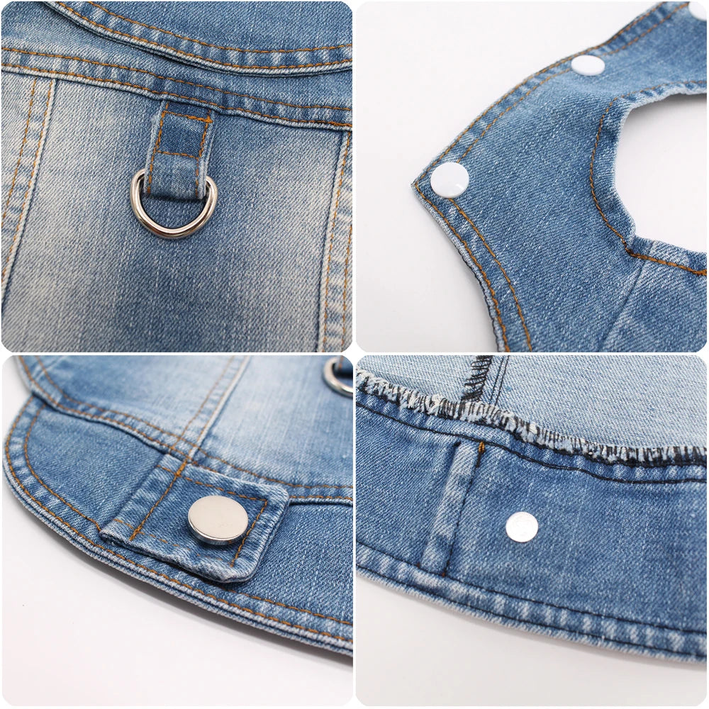 2024 New Thin Pet Dog Jeans Jacket Puppy Denim Clothes with Dog Leash Traction Buckle Cool Harness Vest for Small Medium Dogs