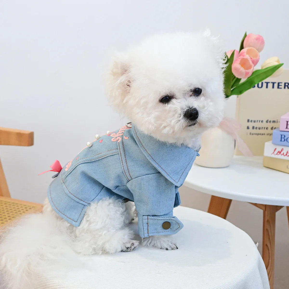 Denim Puppy Jacket For Chihuahua Yorkie Adjustable Lightweight  Coat, Breathable Dog Clothes With Snap Closure