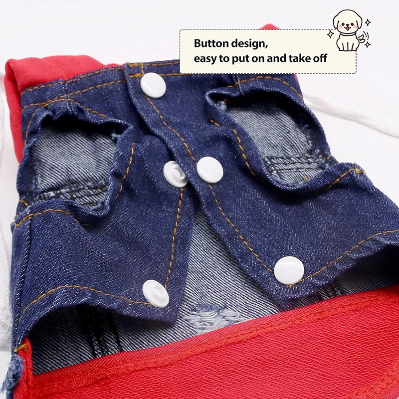Pet Clothes Dog Jeans Jacket Layered Drawstring Hood Denim Jacket False Two Coat Clothing for Small Medium Dogs Cats Red/Black