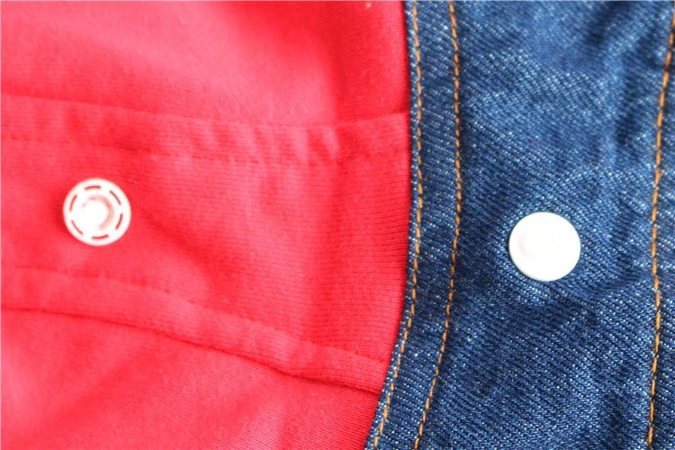 Pet Clothes Dog Jeans Jacket Layered Drawstring Hood Denim Jacket False Two Coat Clothing for Small Medium Dogs Cats Red/Black