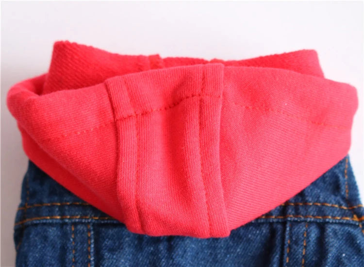 Pet Clothes Dog Jeans Jacket Layered Drawstring Hood Denim Jacket False Two Coat Clothing for Small Medium Dogs Cats Red/Black