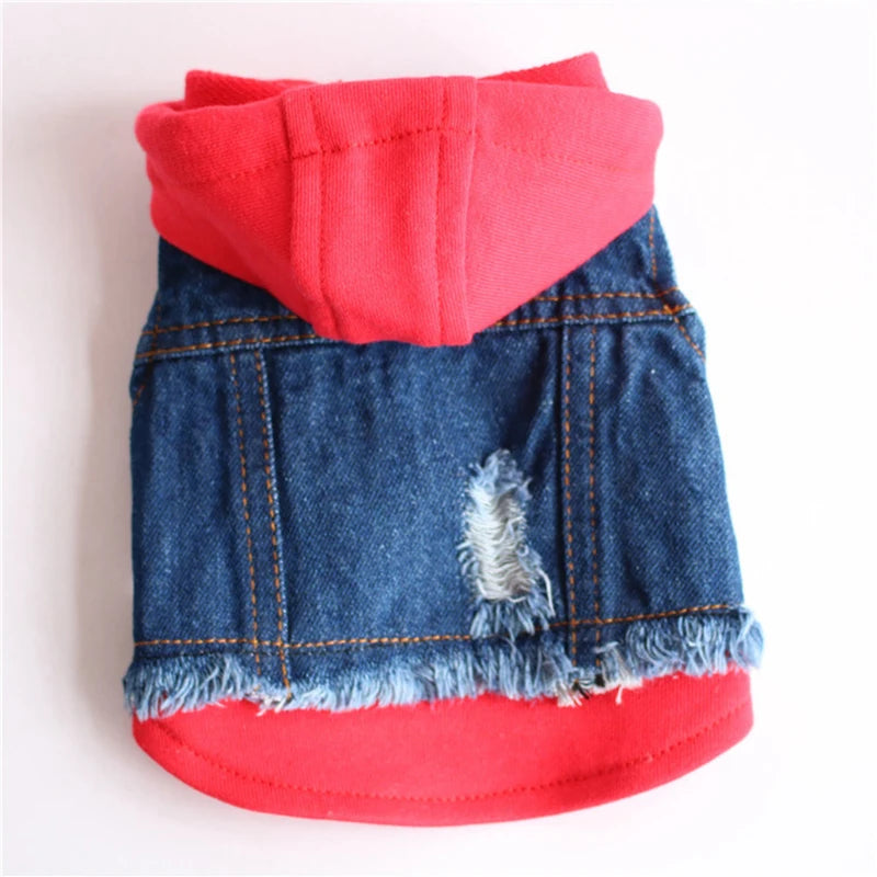 Pet Clothes Dog Jeans Jacket Layered Drawstring Hood Denim Jacket False Two Coat Clothing for Small Medium Dogs Cats Red/Black