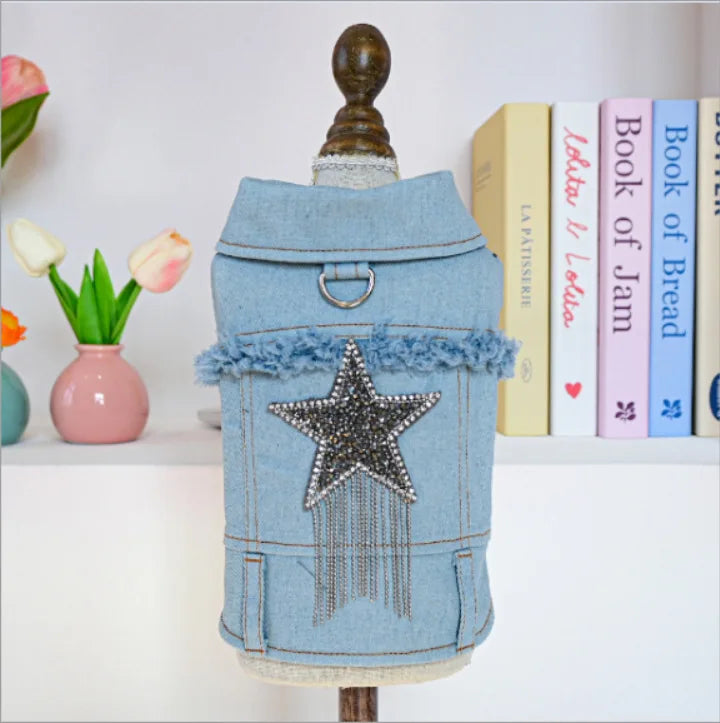 Denim Puppy Jacket For Chihuahua Yorkie Adjustable Lightweight  Coat, Breathable Dog Clothes With Snap Closure