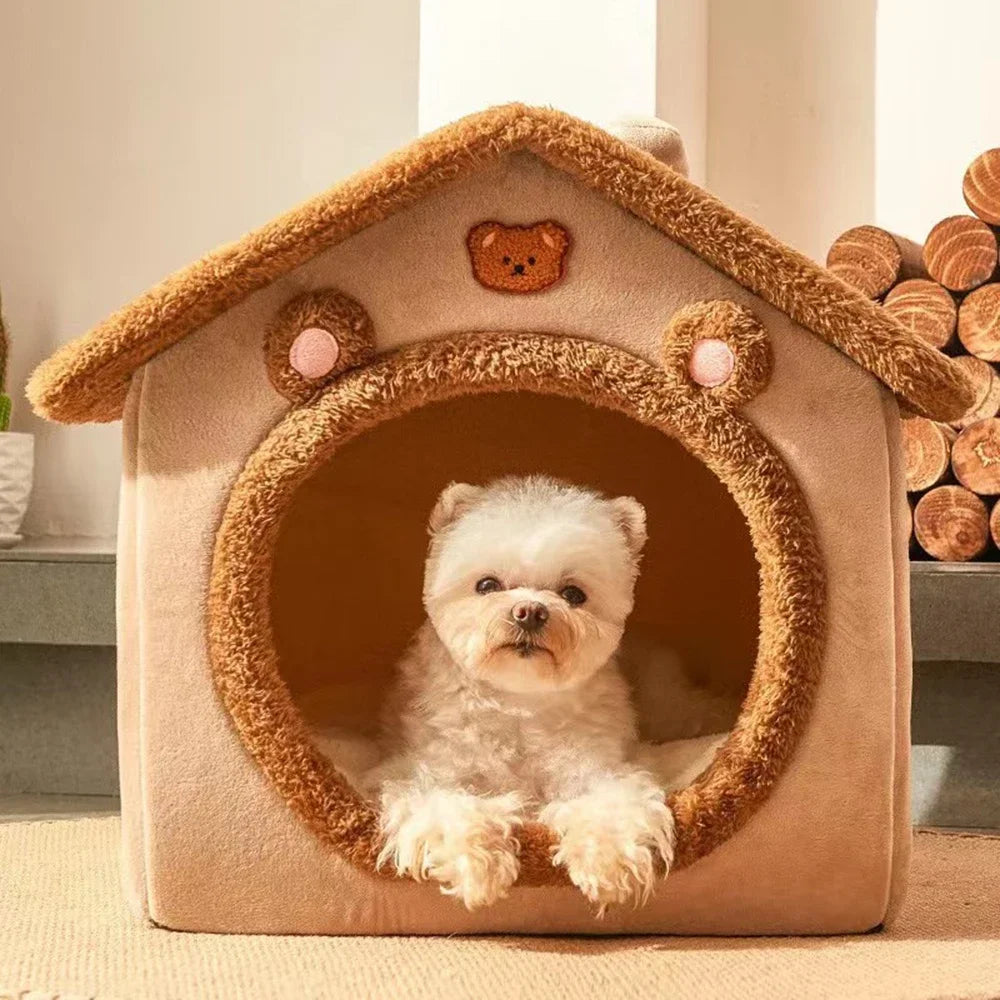 1PC Four Season Universal Enclosed Pet Bed,Brown Teddy Bear Style Bed Suitable for Small Medium Large Pets Ind