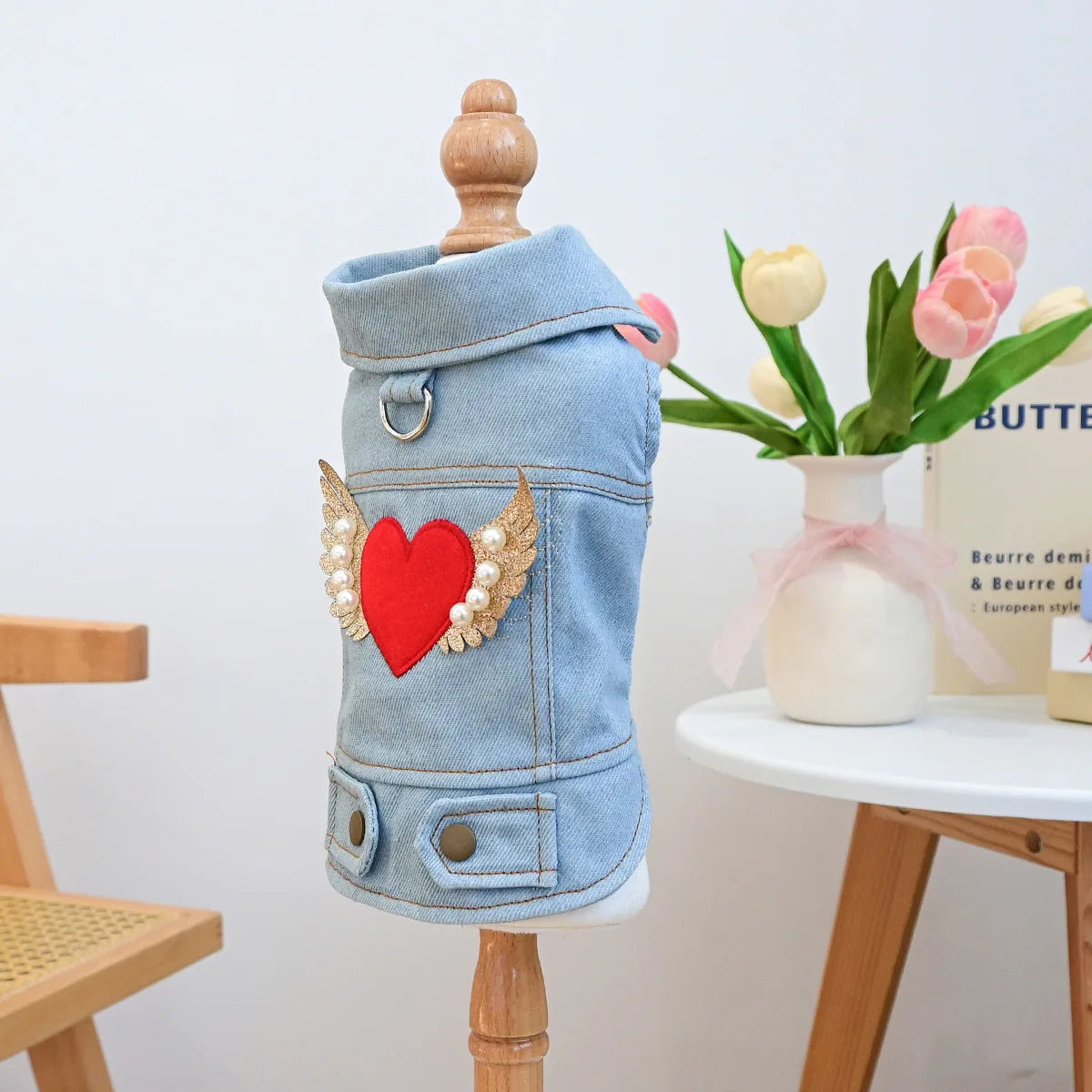 New Heart Wings Design Dog Denim Jacket with Pearl Pet Vest Cool Clothes Durable Jeans Coat for Small Medium Dogs