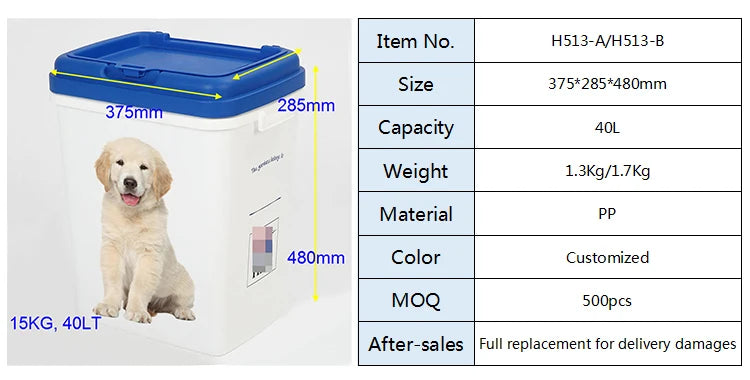 Plastic Pet Dog Food Storage Containers with Lid Airtight Sealed 15kg 40l Custom Printing Cat Dry Food Bin