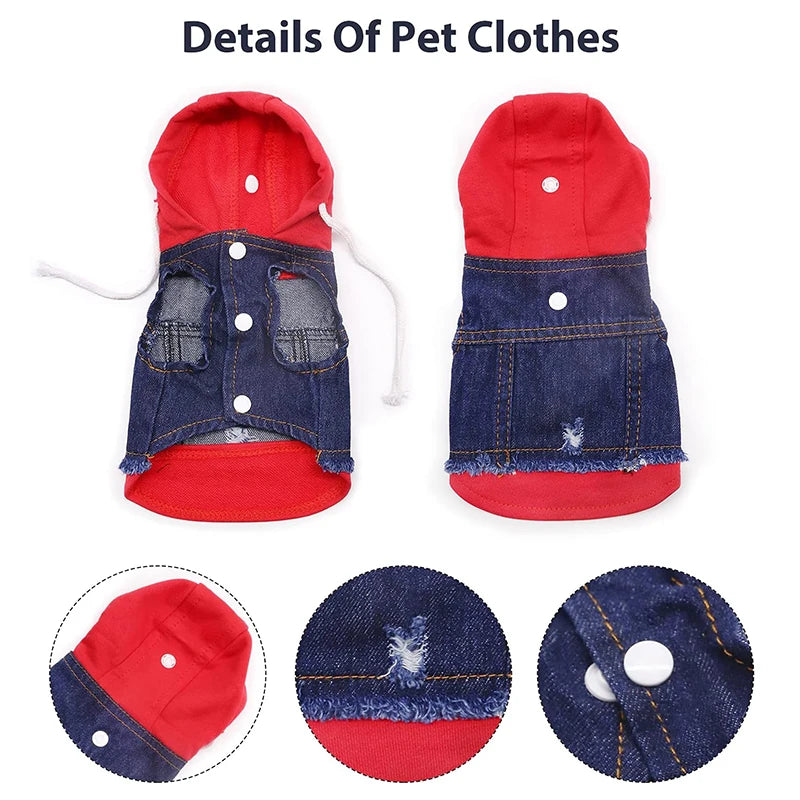 Pet Clothes Dog Jeans Jacket Layered Drawstring Hood Denim Jacket False Two Coat Clothing for Small Medium Dogs Cats Red/Black