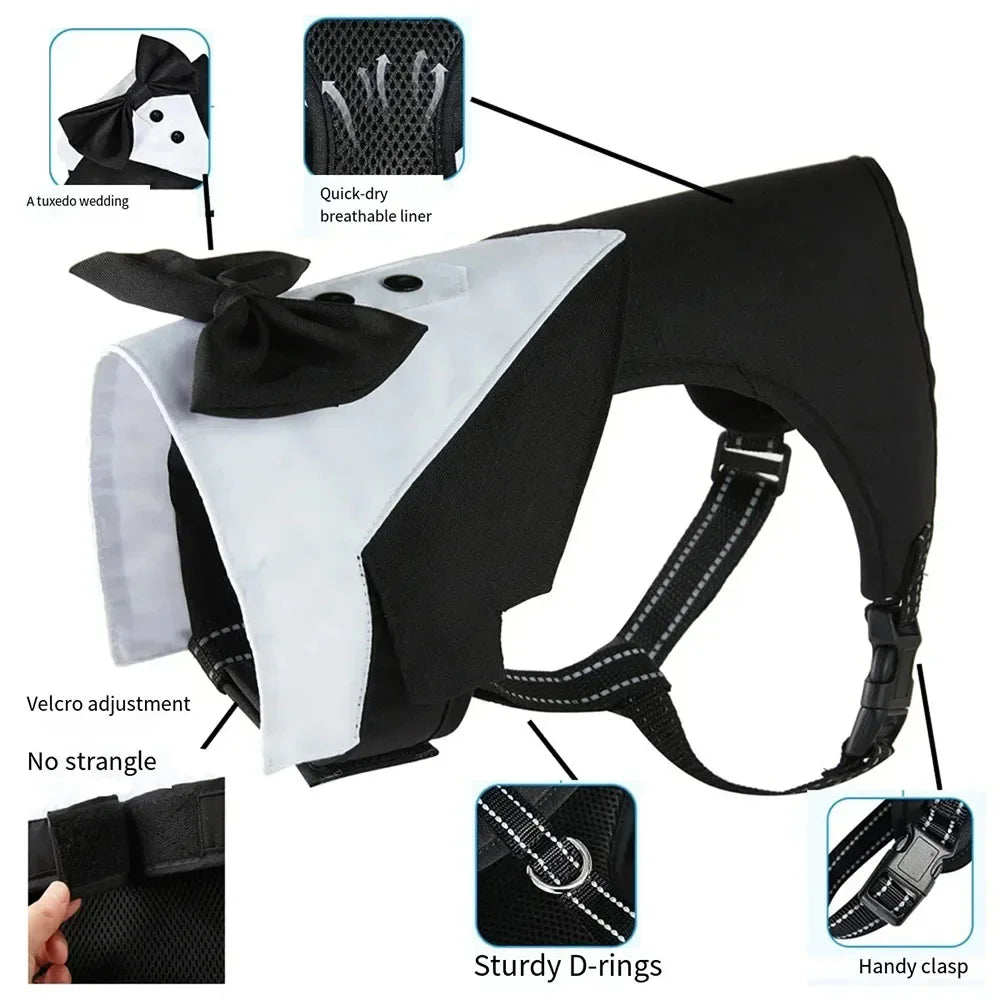 Dogs Tuxedo Wedding Party Suit Dog Formal Tuxedo with Bow Tie Pet Dog Vest Harness Outfit Wedding Attire Dog Tuxedo for Puppies