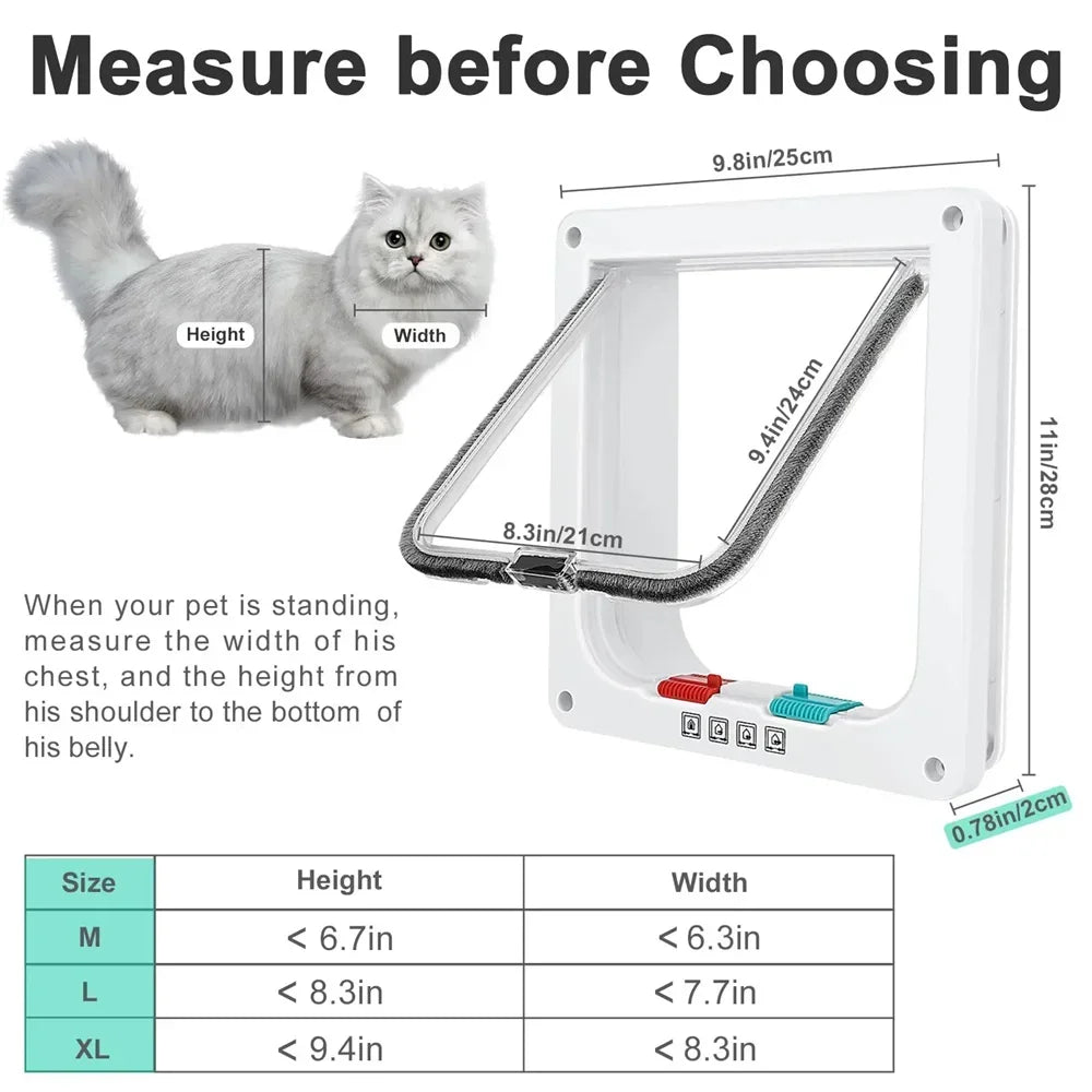 Magnetic 4-Way Lock Cat Flap Door for Interior & Exterior Doors Windows ABS Plastic Pet Gate Safety Entry/Exit for Cats & Dogs