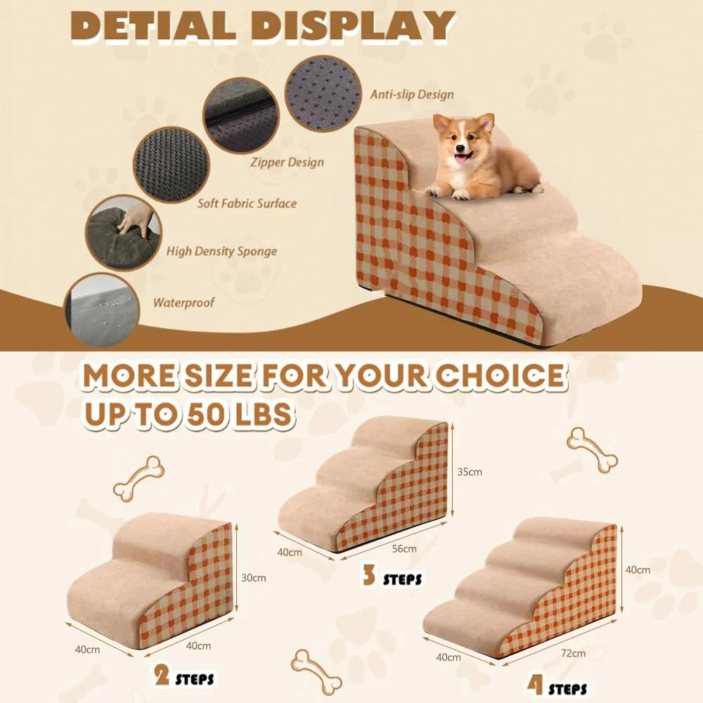 Pet Stairs 2-4 Step Dog Ramp Anti Slip Detachable Memory Foam Sofa Couch Steps for Large Dogs Washable Non Collapse
