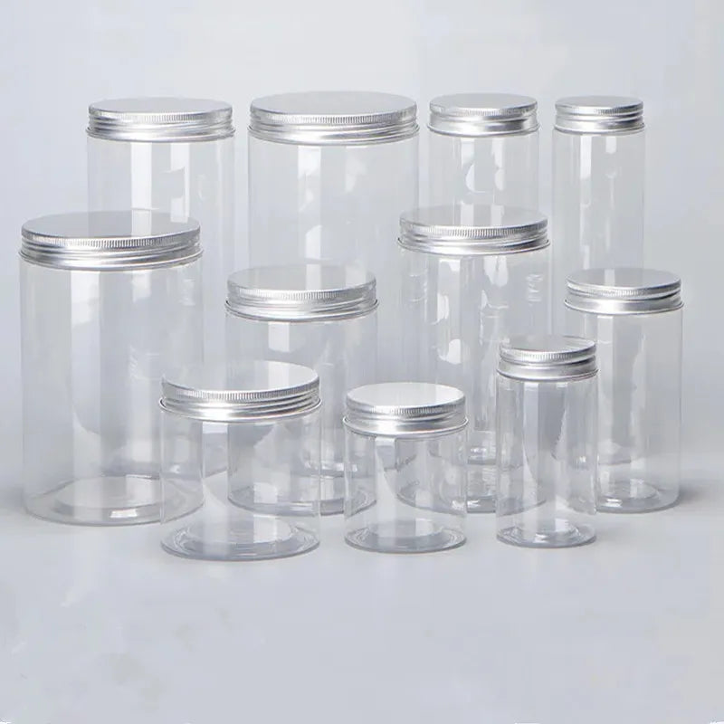 Wholesale 10/30/50pcs Empty Plastic Clear Cosmetic Jars PET Food Jar Makeup Container With Silver aluminum lid Seal Food Cans