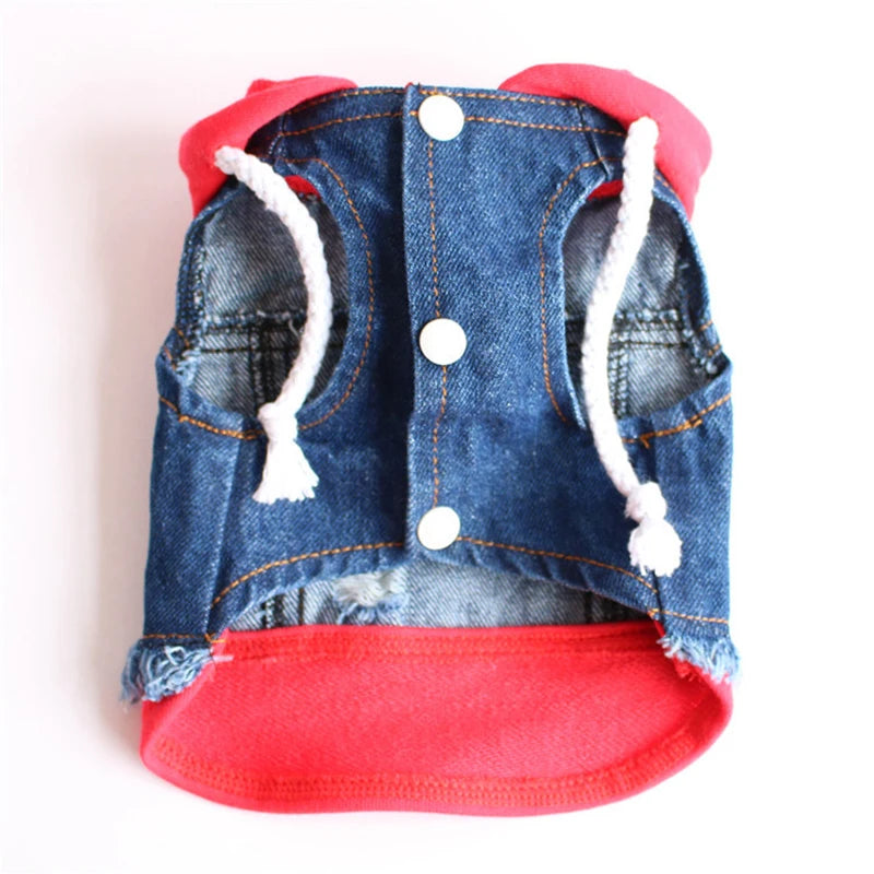 Pet Clothes Dog Jeans Jacket Layered Drawstring Hood Denim Jacket False Two Coat Clothing for Small Medium Dogs Cats Red/Black