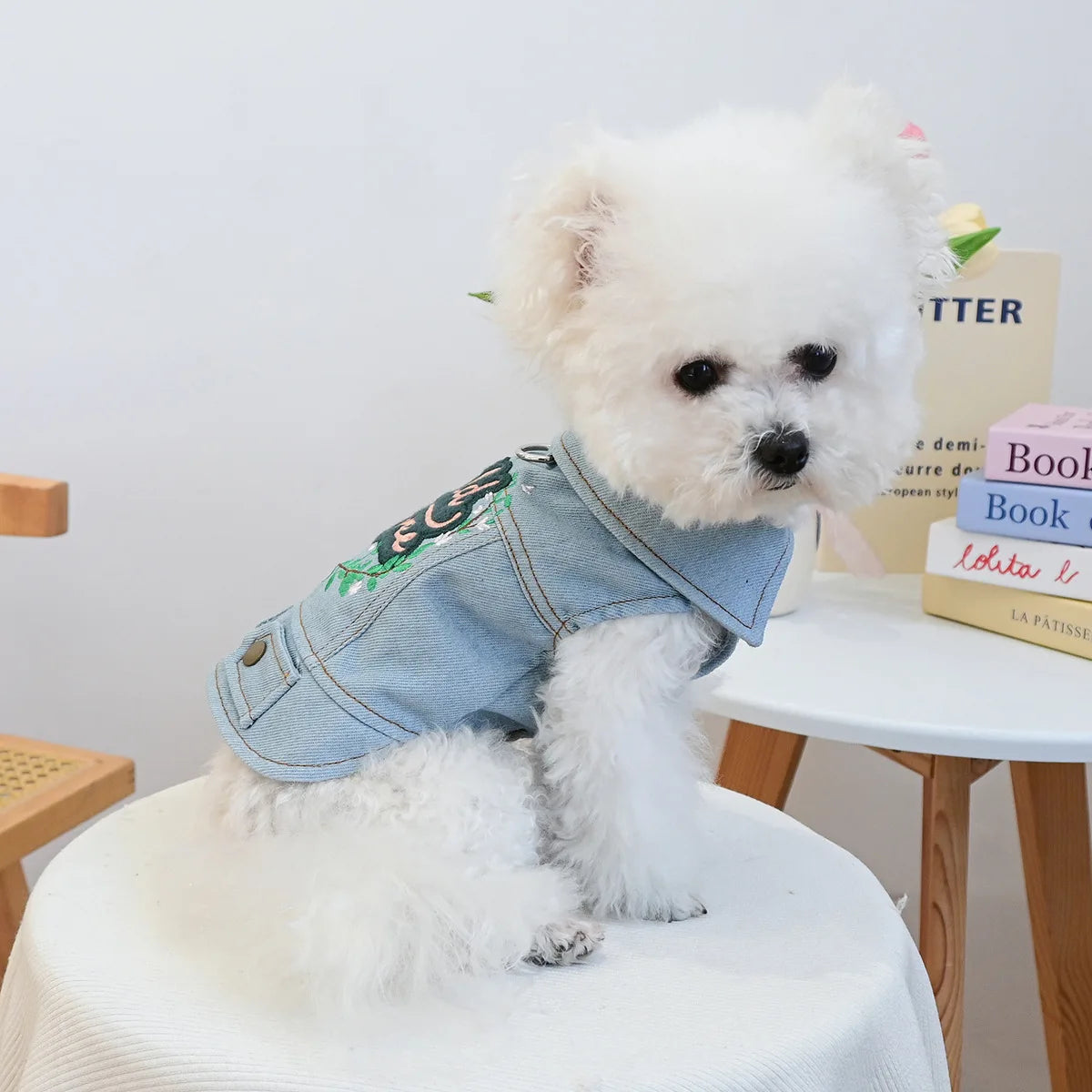 Denim Puppy Jacket For Chihuahua Yorkie Adjustable Lightweight  Coat, Breathable Dog Clothes With Snap Closure