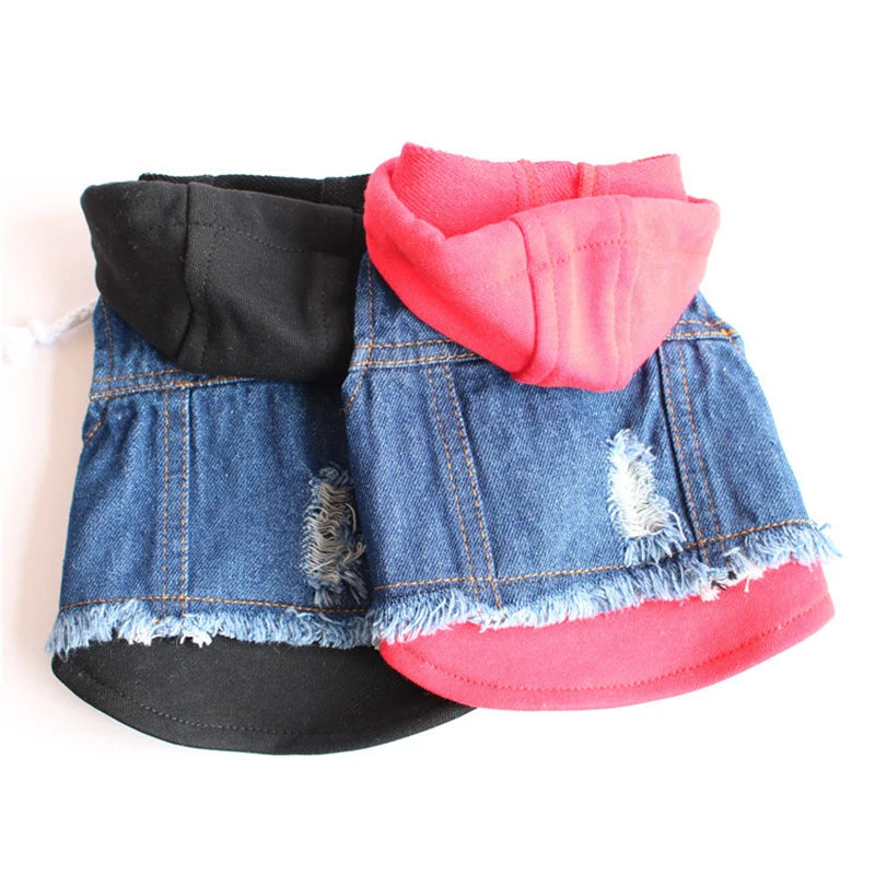 Pet Clothes Dog Jeans Jacket Layered Drawstring Hood Denim Jacket False Two Coat Clothing for Small Medium Dogs Cats Red/Black