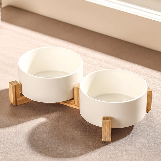 Voltsify Bamboo Double Ceramic Bowls Pet feeder with Wooden Stand