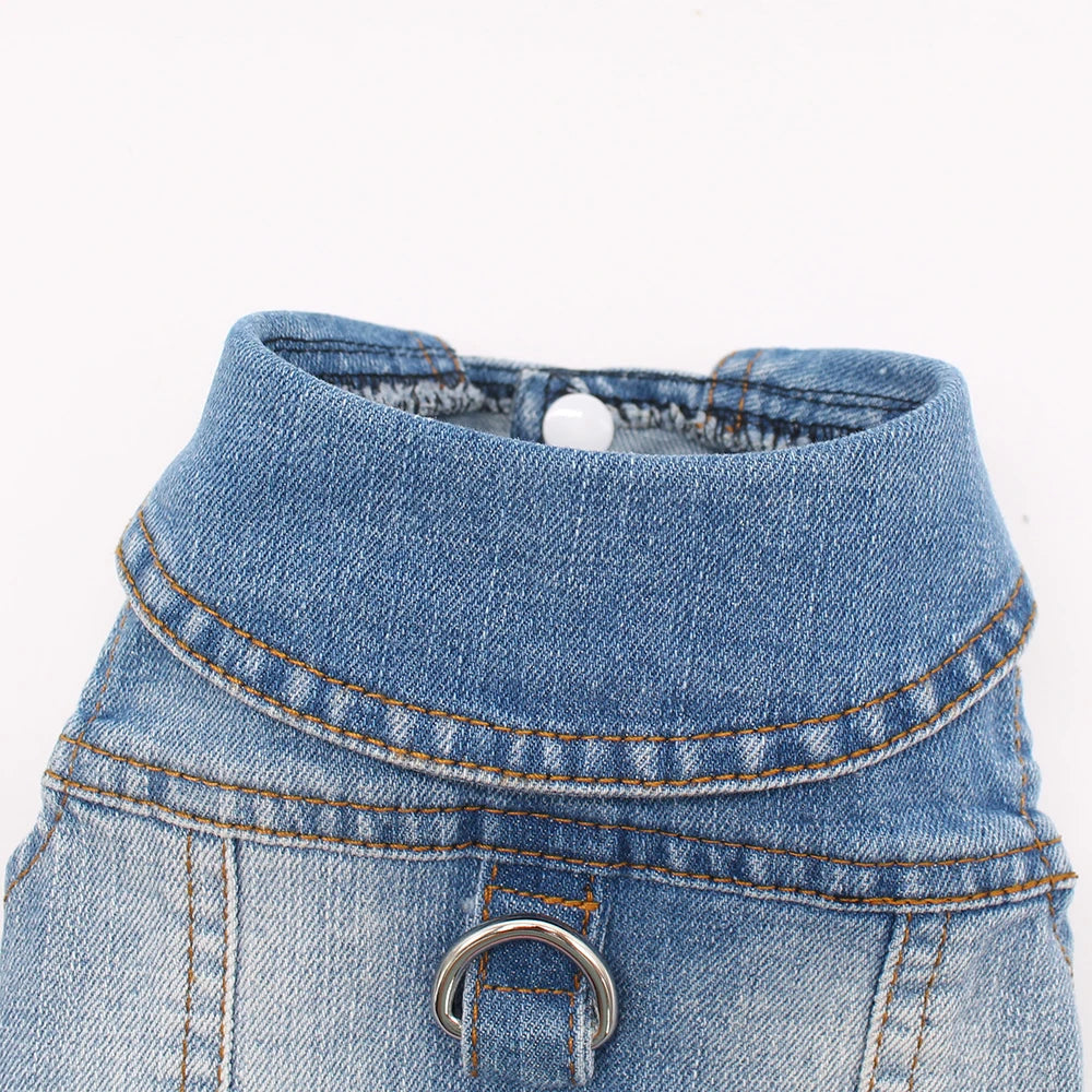 2024 New Thin Pet Dog Jeans Jacket Puppy Denim Clothes with Dog Leash Traction Buckle Cool Harness Vest for Small Medium Dogs