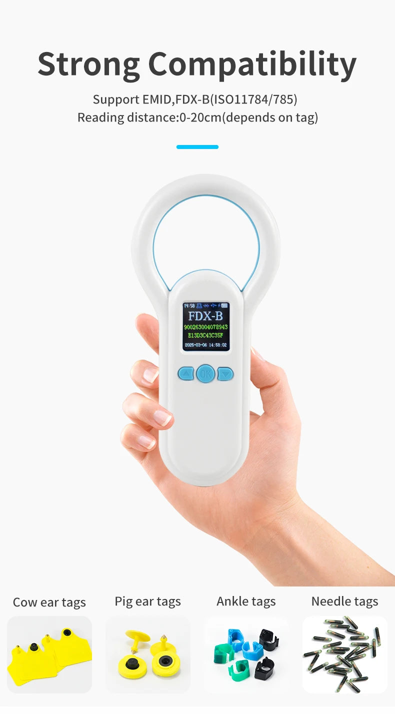 Handheld 134.2KHz 125kHz Animal RFID Reader Pet Cat Dog Microchip Scanner FDX-B Glass Chip USB/Bluetooth Tag Reader