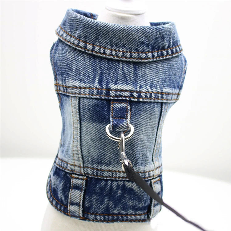 Pet Clothes for Small Medium Dogs Cool Dog Denim Jacket Puppy Sleeveless Dark Washed Jeans Costume Spring Lapel Pet Coat