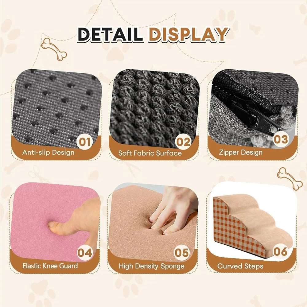 Pet Stairs 2-4 Step Dog Ramp Anti Slip Detachable Memory Foam Sofa Couch Steps for Large Dogs Washable Non Collapse