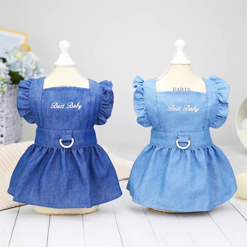 Thin Style Pet Dog Dress Letters Embroidered Jean Clothes for Small Dogs Puppy Cat Harness Vest Girl Dog Summer Skirts Yorkies