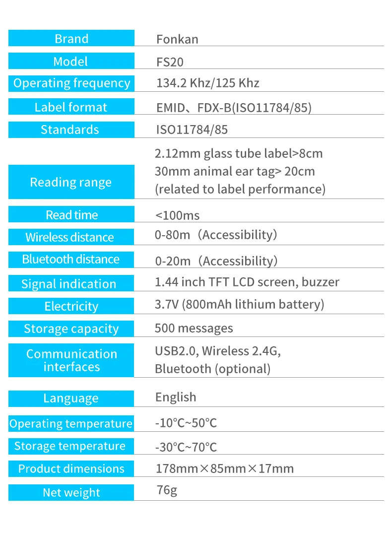 Handheld 134.2KHz 125kHz Animal RFID Reader Pet Cat Dog Microchip Scanner FDX-B Glass Chip USB/Bluetooth Tag Reader