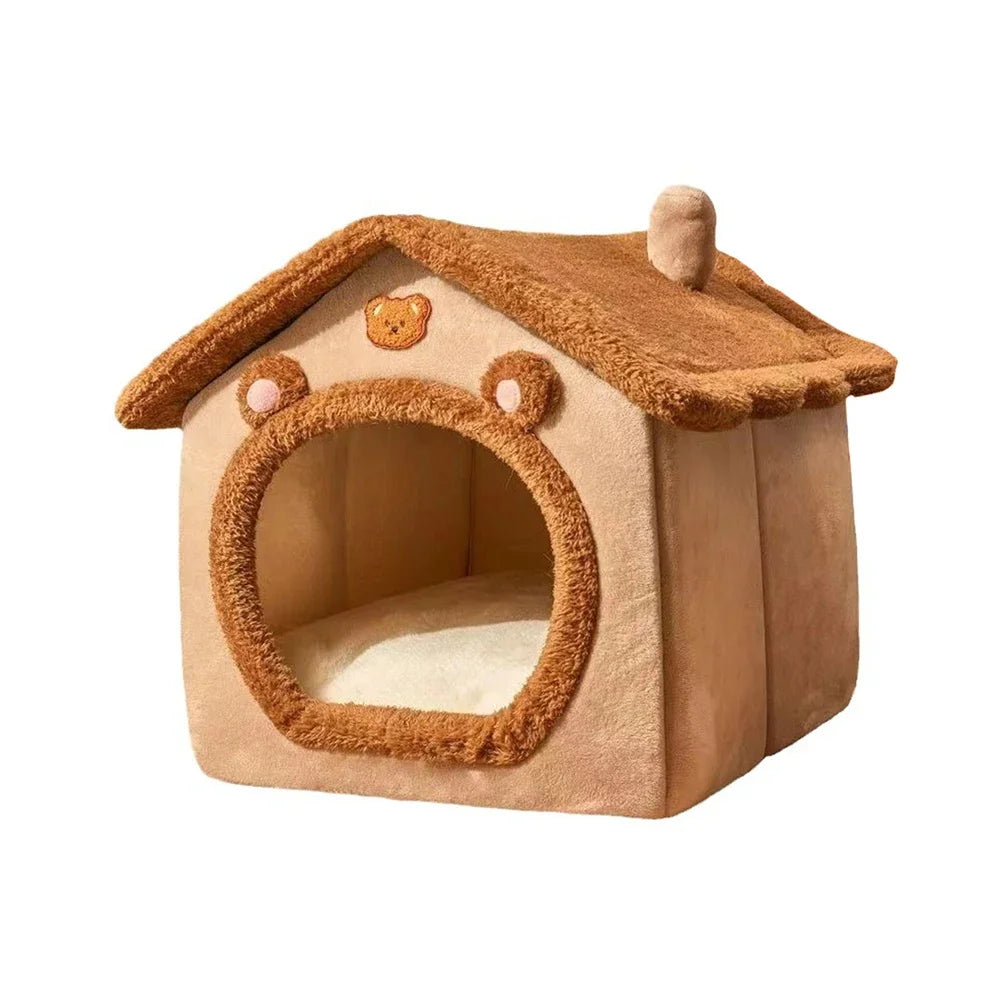 1PC Four Season Universal Enclosed Pet Bed,Brown Teddy Bear Style Bed Suitable for Small Medium Large Pets Ind