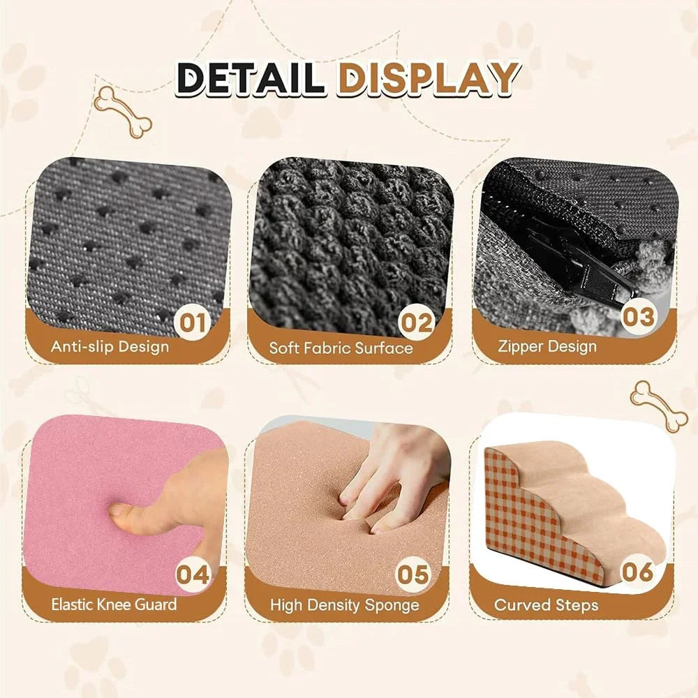 Pet Stairs 2-4 Step Dog Ramp Anti Slip Detachable Memory Foam Sofa Couch Steps for Large Dogs Washable Non Collapse