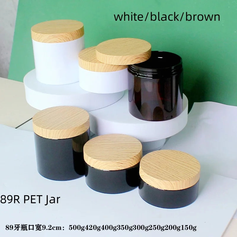 20pcs/lot 200-500g 89R Empty PET Cream Jar Facial Mask/Hair Mask Makeup Container Cosmetic Bottle With Imitation Wood Lid