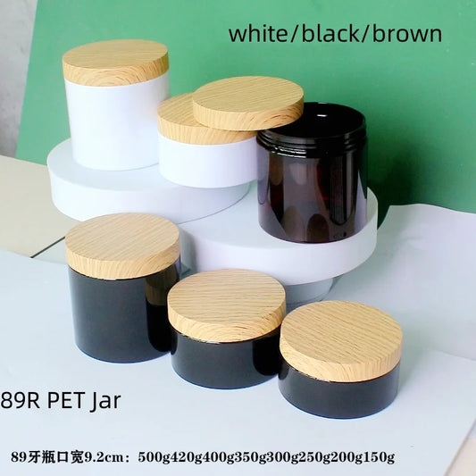 20pcs/lot 200-500g 89R Empty PET Cream Jar Facial Mask/Hair Mask Makeup Container Cosmetic Bottle With Imitation Wood Lid