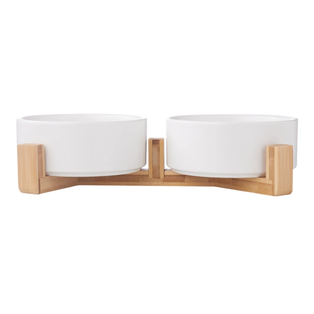 Voltsify Bamboo Double Ceramic Bowls Pet feeder with Wooden Stand